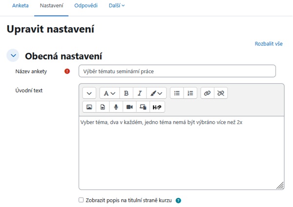 Základní nastavení pro Anketu